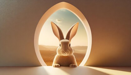 easter bunny rabbit seen through an easter egg shaped hole 3d rendering