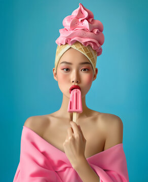 Asian woman with a pink ice cream cone turban tasting a popsicle on a blue background