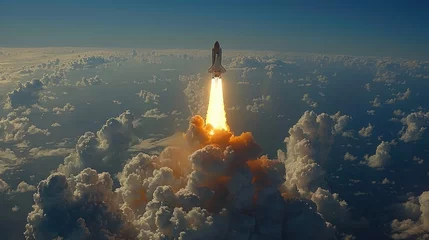 Foto op Canvas A powerful space shuttle launch, blazing into the sky amongst monumental clouds at sunset, depicting innovation and exploration. © Татьяна Креминская