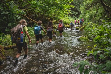 A diverse group of children and adults crossing a river in a forest setting - obrazy, fototapety, plakaty