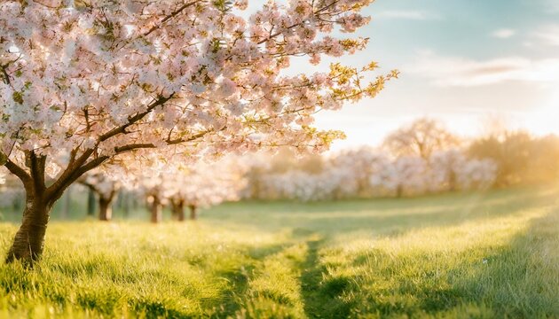 pink cherry tree blossom flowers blooming in a green grass meadow on a spring easter sunrise background