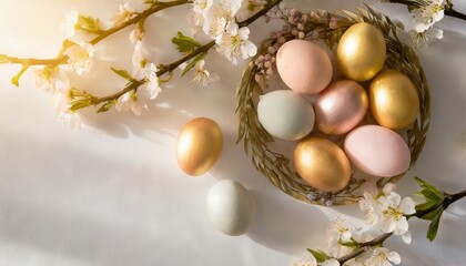 Naklejka na ściany i meble top view photo of pastel colors easter holiday banner with eggs and sping flowers on white background