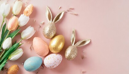 top view shot of arrangement decoration happy easter holiday background concept flat lay colorful bunny eggs with accessory ornament on modern beautiful pink paper at office desk design pastel tone