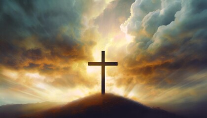 silhouette of a cross against a background of thunderclouds and light calvary easter concept resurrection of jesus - obrazy, fototapety, plakaty