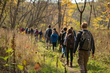 Group of students walking along a forest trail during a nature walk