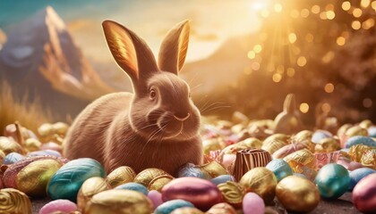 easter fantasy world with bunnies giant chocolate eggs and colorful sweets - obrazy, fototapety, plakaty