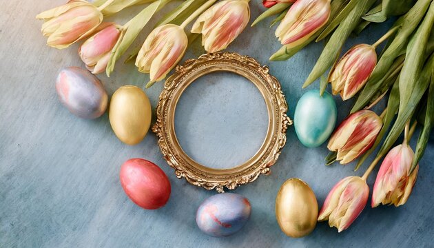frame with colorful painted easter eggs and tulips on blue pastel background