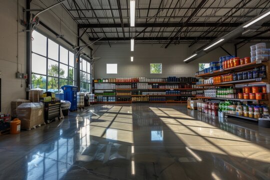 An expansive warehouse filled with an abundance of assorted food products under natural light