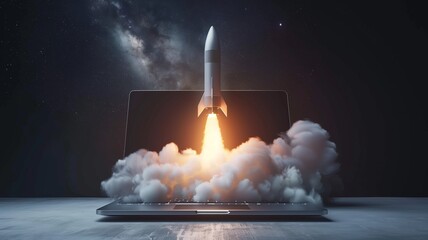 Space rocket shuttle with a cloud of smoke and blast lift off from a laptop on a working office desk with bokeh. Creative idea and startup. Successful business project. Rocket take off from display.