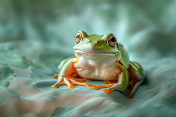 A frog poses for a portrait in a studio with a solid color background during a pet photoshoot.

