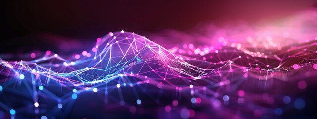 Naklejka na ściany i meble Violet-pink abstract background with a network grid and particles connected. Sci-fi digital technology with line connect network and data graphic background. Abstract polygonal wallpaper