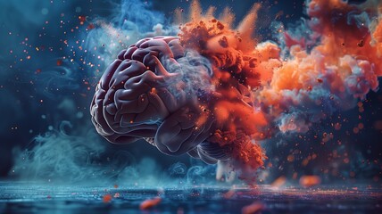 Human brain exploding with immense knowledge and creativity, colourful powder all around the brain on a dark background.
