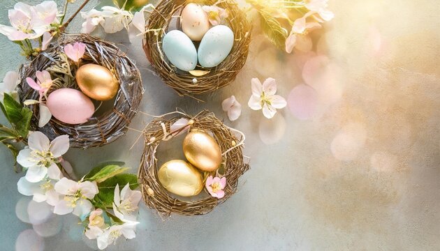 happy easter concept spring easter holiday top view flat lay background with easter eggs in nests and spring flowers easter greeting card background with copy space