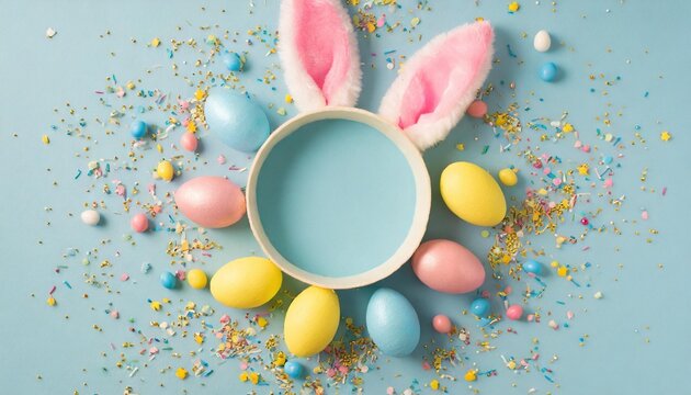 easter concept top view photo of empty circle easter bunny ears yellow blue pink eggs and sprinkles on isolated pastel blue background with copyspace