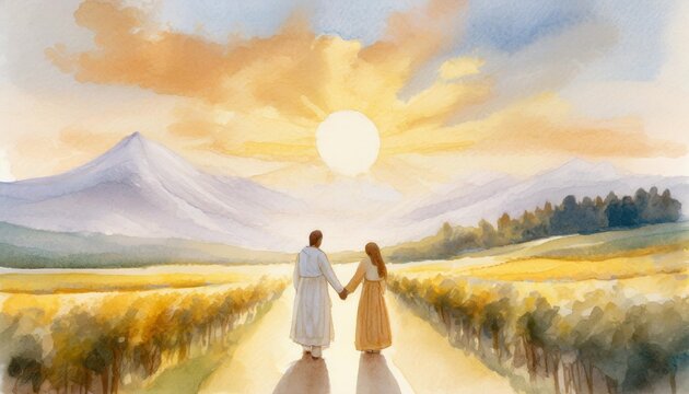people holding hands with jesus christ digital watercolor painting