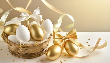 Fototapeta na wymiar easter background with white and golden eggs in a basket easter concept gold bow and ribbons elegant minimalist style easter celebration idea light pastel cream background with copyspace