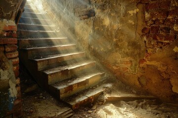 Exploring the Old Muddy Cellar: A Sunbeam Illuminates the Staircase with Textured Walls - obrazy, fototapety, plakaty