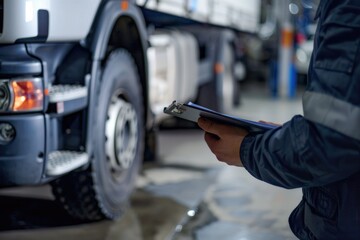 Mechanic Holding Clipboard and Checking Truck in Service Center for Pre-trip Inspection and Preventive Maintenance. Focus on Truck Tire and Wheel