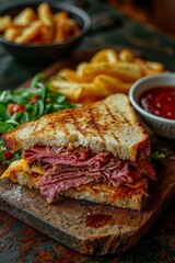 Gourmet Grilled Cheese Sandwich with Ham and Fries - 769127791