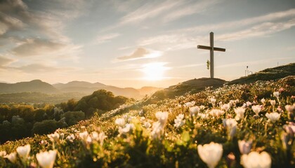 scenic easter morning with cross on hill amidst blossoming flowers - obrazy, fototapety, plakaty
