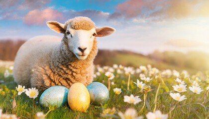 funny easter concept holiday animal greeting card sheep and easter eggs on the meadow with blooming flowers
