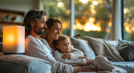 Obraz premium Family enjoying a relaxed, cozy moment together at home with a visible air purifier in the background. Generative AI