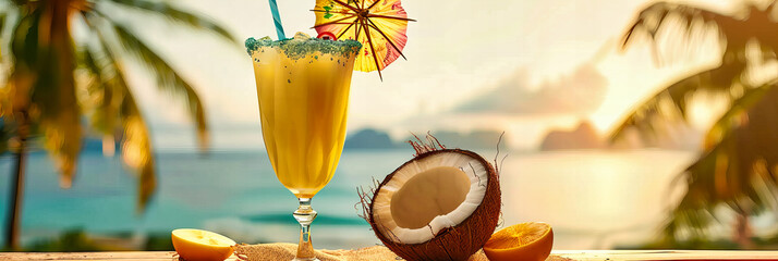Tropical Beach Cocktail, Refreshing Summer Drink with Coconut and Pineapple, Vacation Refreshment - obrazy, fototapety, plakaty