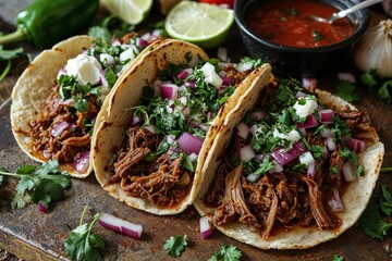 Authentic Mexican Tacos with Shredded Beef and Fresh Salsa - 769128190