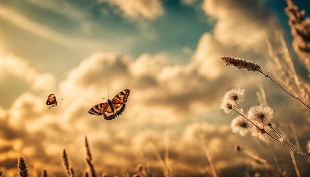 Butterflies flutter amongst wildflowers and wheat, with a dramatic sky in the backdrop, their delicate beauty contrasting with the vivid, dynamic cloudscape