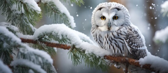 Naklejka premium The majestic owl with its feathers fluffed sits gracefully on a snow-covered branch in the winter forest