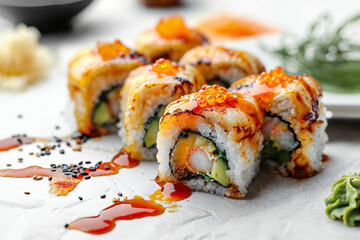 Delicious Sushi Rolls with Savory Toppings and Sauce - 769128392