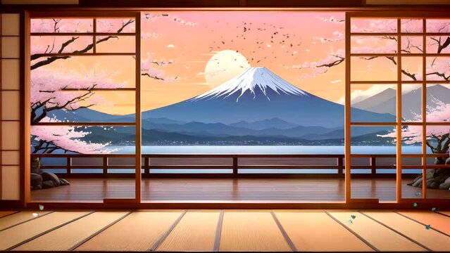 Japanese-inspired living room: Mount Fuji and Cherry Blossom. Seamless looping 4k time-lapse video animation background