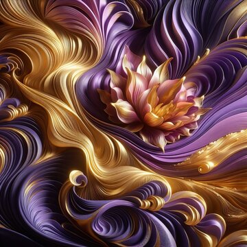 Purple and gold abstract glowing glitter image with smooth waves and golden texture, swirls and futuristic flower,background, wallpaper