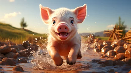 Fototapeten A Cartoon Piglet in a Cute Farming Scene.Small Piggy © EwaStudio