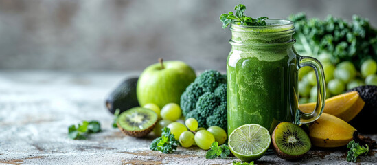 Healthy Green Smoothie in a Mason Jar with Fresh Ingredients - obrazy, fototapety, plakaty