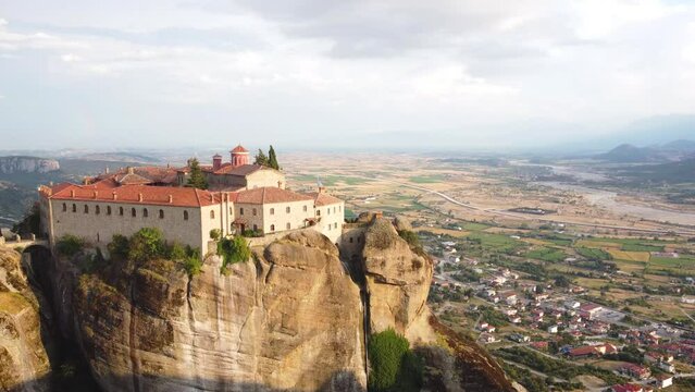 Aerial view of Monastery of Saint Stephen (Agios Stefanos Monastery) in Meteora, Greece. St. Steven Monastery, a UNESCO World Heritage site.
