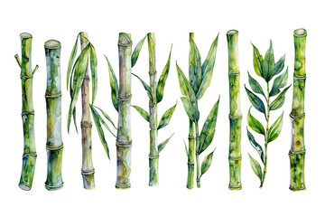 Watercolor painting featuring graceful bamboo stalks and delicate leaves swaying in a gentle breeze - obrazy, fototapety, plakaty