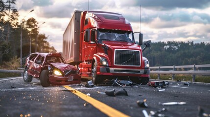the moment of collision between a semi truck with a box trailer and a passenger car - obrazy, fototapety, plakaty