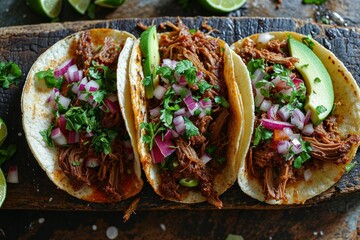 Traditional Mexican Tacos with Pulled Pork and Avocado - 769129391