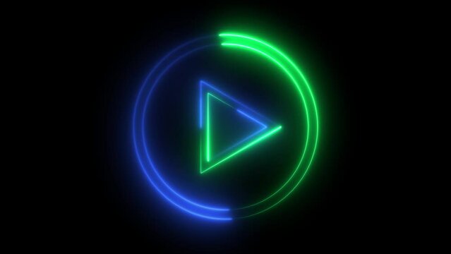 Neon glowing Play button animation on black background. Play button icon neon animation. Music play button icon animation. Animated play button icon with neon circle glowing neon effect.