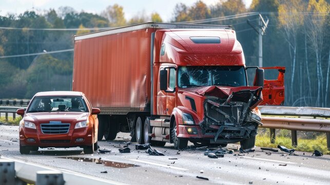 the moment of collision between a semi truck with a box trailer and a passenger car