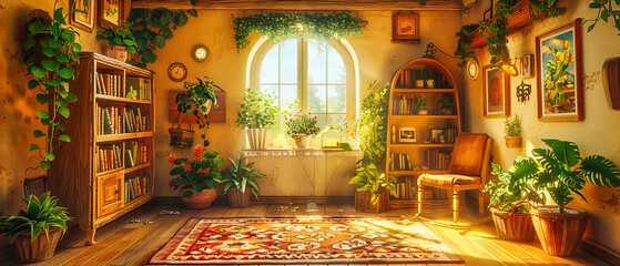 Obraz premium Magical Vintage Room with Retro Furniture, Sunlight through Windows, and Nature-Inspired Decor, Artistic Interior Illustration