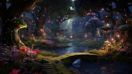Enchanted forest scene with magical mushrooms and fairy tale bridge. Fantasy landscape.
