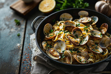 Delicious Clam Linguine in a Cast Iron Skillet - 769129989