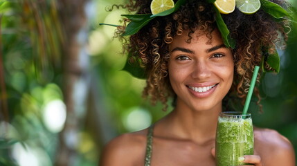 Woman enjoying a refreshing green smoothie packed with leafy greens and fruits for a healthy, glowing complexion - mature skin care - obrazy, fototapety, plakaty