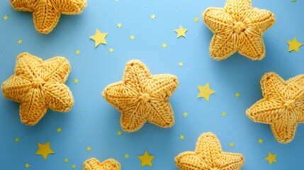 Handmade knitted yellow stars playfully arranged on a soft blue background