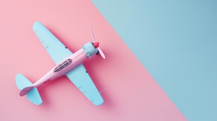 A creatively styled flat lay design featuring a model plane on a soft pastel color background