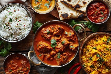 Assorted Indian Dishes in Traditional Serveware on Wood