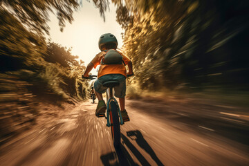 A young boy gripping his bicycle's brakes tightly as he navigates a steep downhill, his helmeted head filled with fear of the speed and danger. - obrazy, fototapety, plakaty