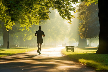An athletic young man, full of energy, sprinting through a vibrant park at sunrise.